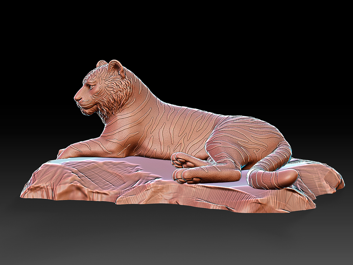 Digital tiger sculpture rendered in a high-contrast ZBrush shader to highlight sculptural details, carved stripe patterns, and the rocky base form